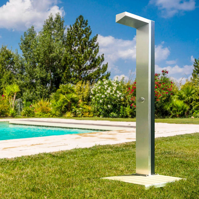 Eichenwald® Solardusche MAYA – Edelstahldusche mit Bodenplatte aus WPC